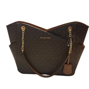 NWT Michael Kors Bag Jet Set Travel Large Chain Shoulder Tote Brown Gold Accents